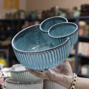 Handcrafted Triple Bowl Ceramic Snack Server – Teal Blue Ribbed