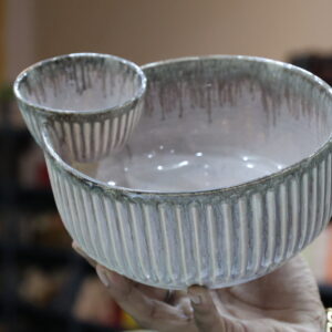 Handcrafted Ice Grey Double Bowl Ceramic Snack Server – Ribbed & Drip Glaze
