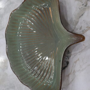 Handcrafted Ginkgo Leaf Shape Ceramic Platter – Sage Green & Brown Glaze