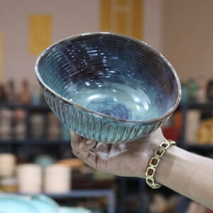 Handcrafted Ribbed Ceramic Bowl – Deep Blue Green Glaze