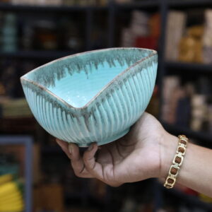 Handcrafted Aqua Blue Triangle Shape Ceramic Bowl – Ribbed Charcoal Drip