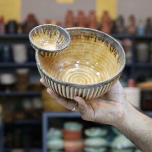 Handmade Double Bowl Ceramic Snack Server – Golden Brown