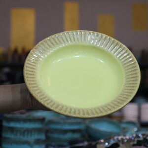 Handmade Oval Ceramic Serving Plate – Pastel Yellow & Golden Rim