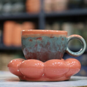 Handmade Coral & Aqua Ceramic Cup with Bubble Saucer