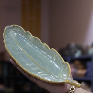 Handcrafted Light Green Leaf Shape Ceramic Platter – Golden Rim