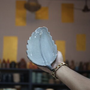 Handcrafted Grey Leaf Shape Ceramic Platter – Glossy Finish