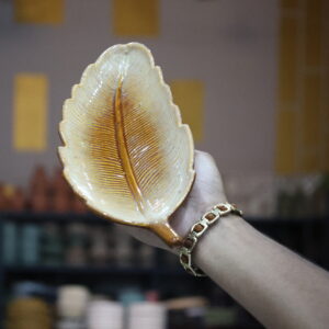 Handcrafted Brown Leaf Shape Ceramic Platter – Textured Glazed Finish
