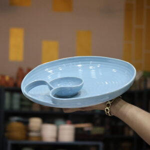 Handcrafted Pastel Blue Ceramic Platter with Attached Dip Bowl