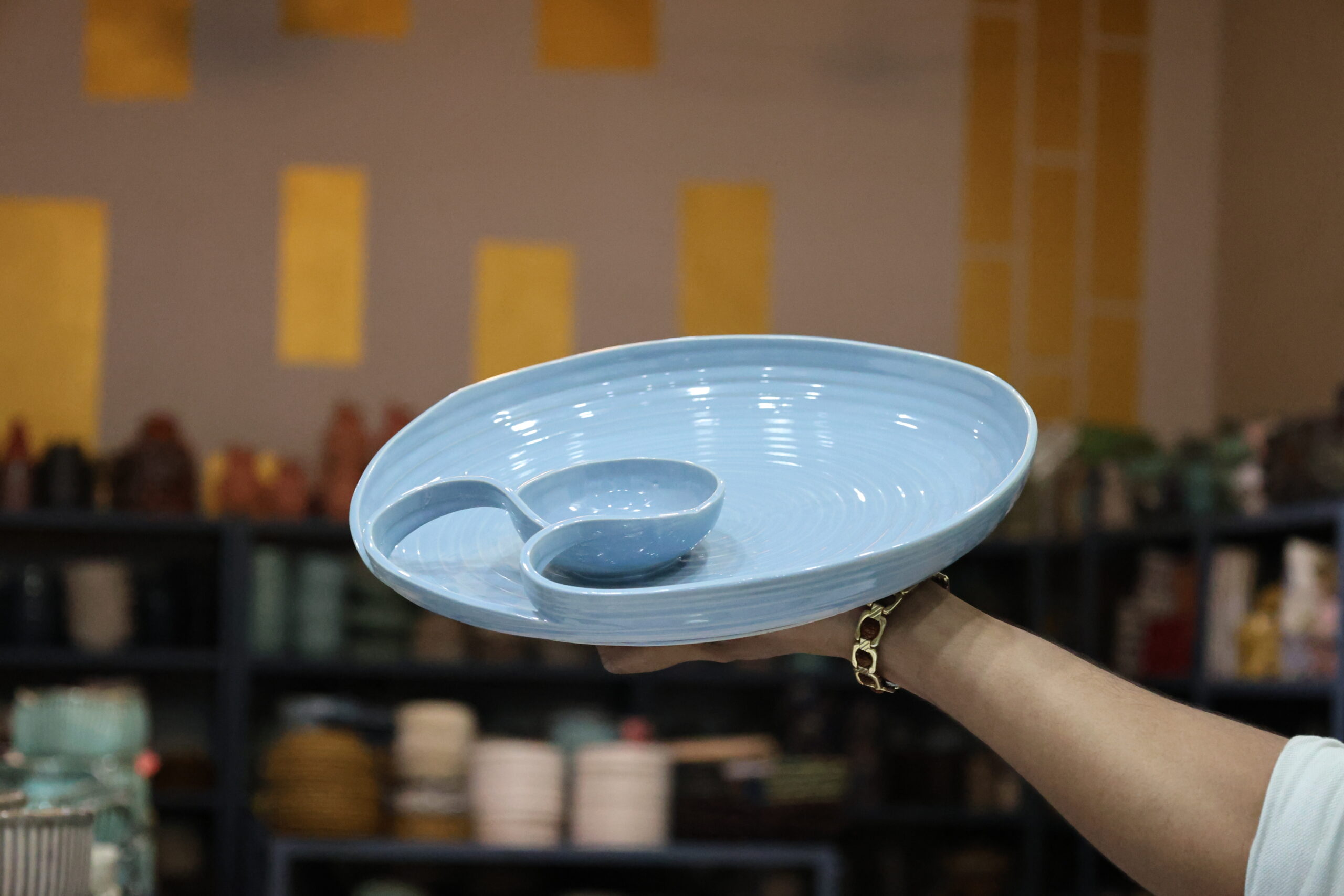 Handcrafted Pastel Blue Ceramic Platter with Attached Dip Bowl