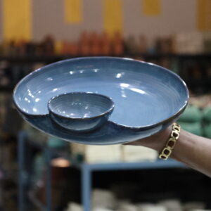 Handcrafted Blue Ceramic Platter with Attached Dip Bowl