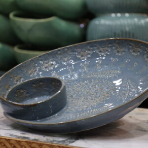Handcrafted Embossed Floral Ceramic Platter with Dip Bowl – Blue