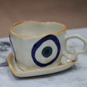 Handmade Heart Shape Evil Eye Ceramic Cup & Saucer Set