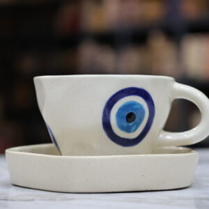 Handcrafted Evil Eye Ceramic Cup & Saucer Set – Minimalist White & Blue