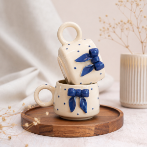 Handcrafted Blue Bow Ceramic Mug Set of 2 in Ivory White with Royal Blue 3D Bow Design