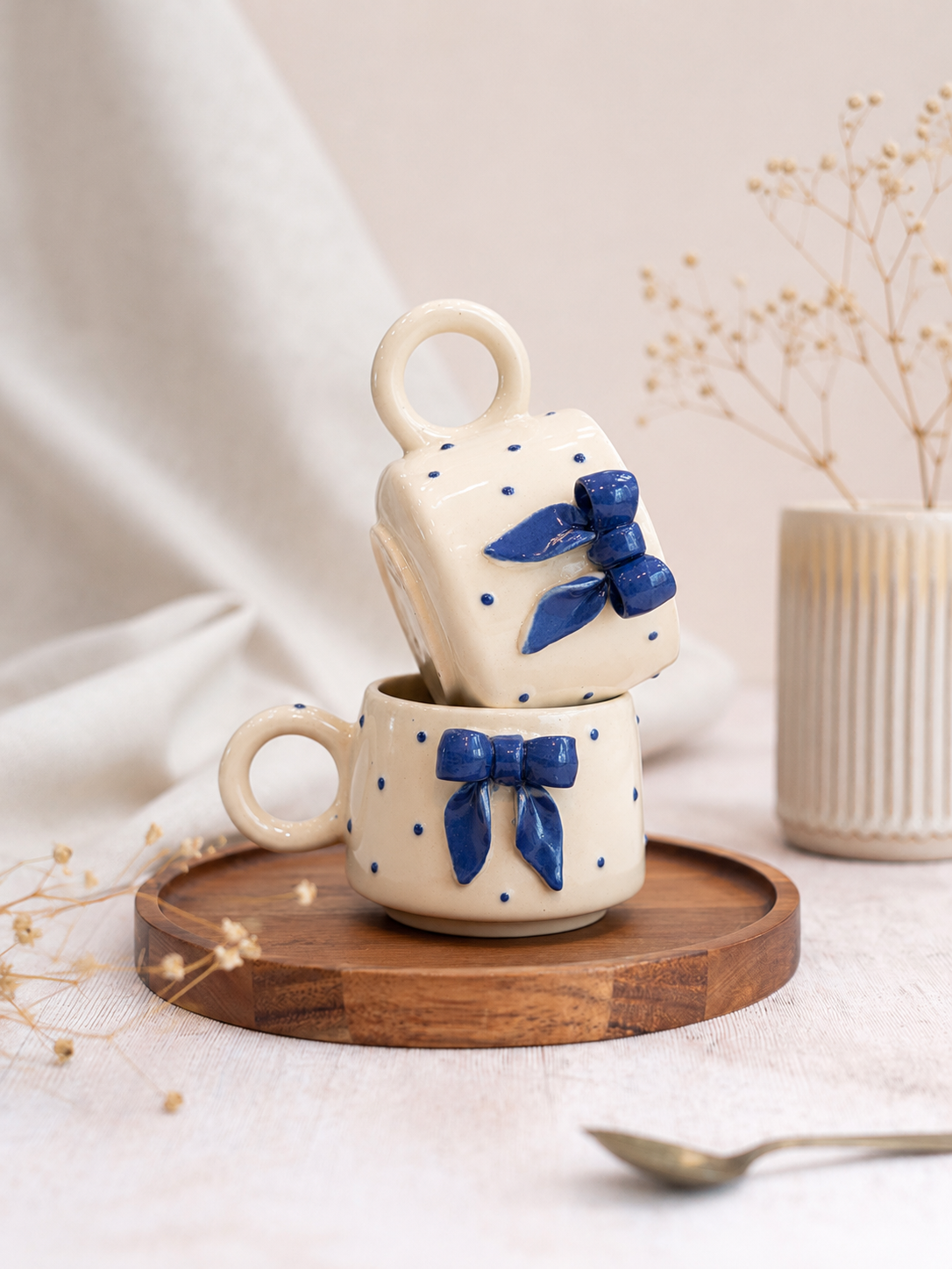 Handcrafted Blue Bow Ceramic Mug Set of 2 in Ivory White with Royal Blue 3D Bow Design