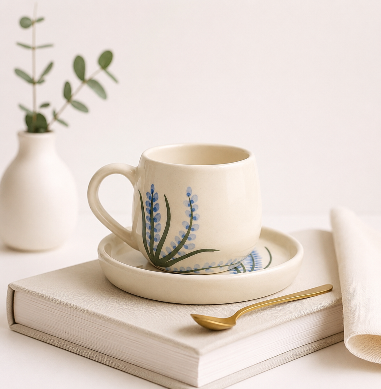 Handcrafted Blue Floral Ceramic Cup and Saucer Set on Ivory White Finish