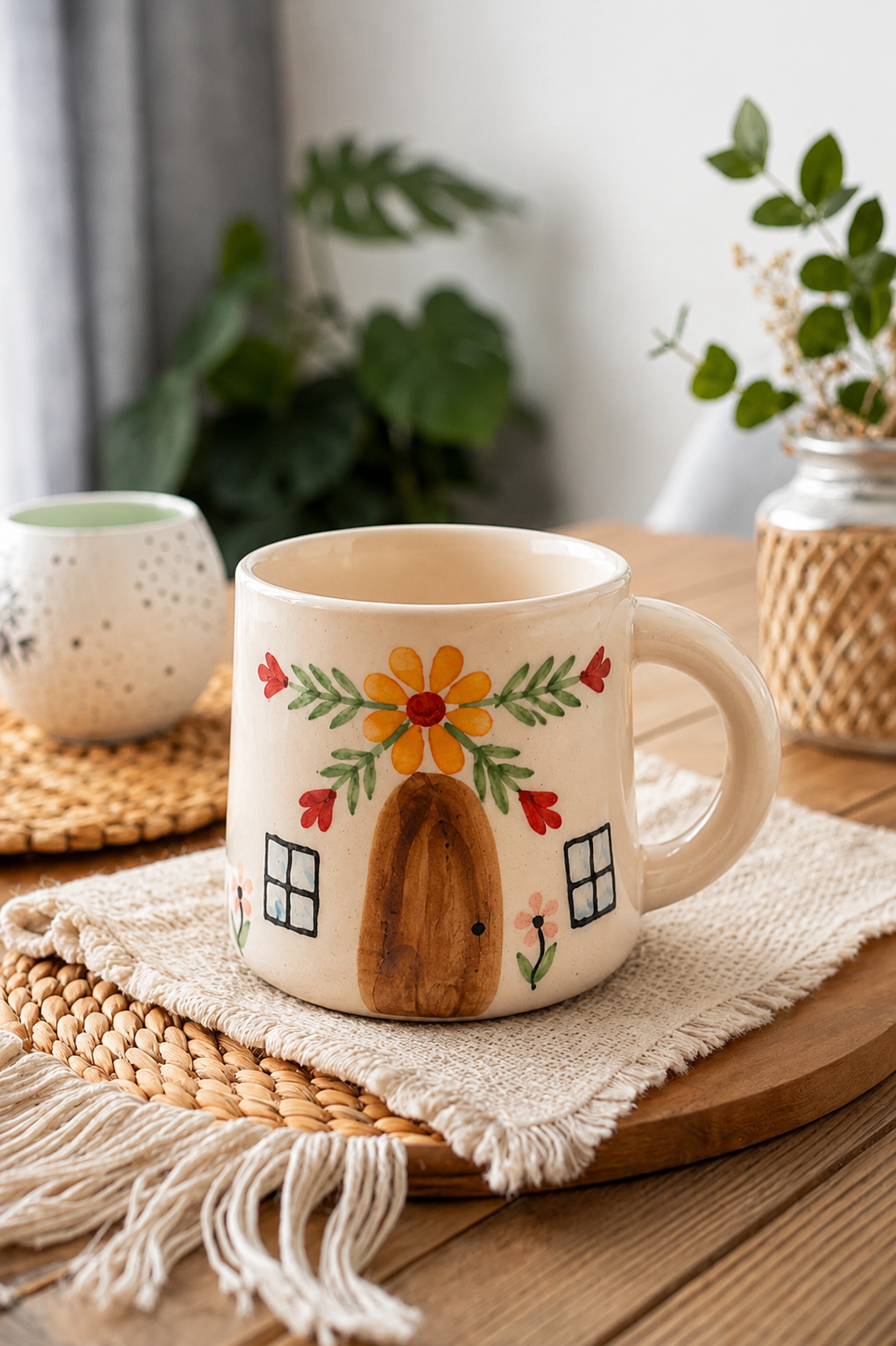 Handcrafted Bloom Cottage Ceramic Mug with Hand-Painted Floral House Design