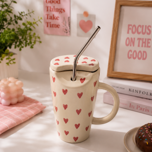 Heart Print Ceramic Tumbler with Lid & Straw